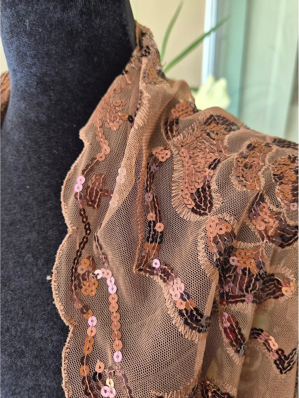 Caramel Brown Floral Sequin Mesh Scarf Shawl Fringe 25 x 70